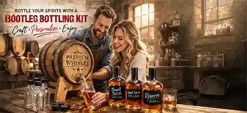 Couple using a bootleg bottling kit to fill whiskey bottles from a personalized barrel, creating custom labeled whiskey gifts at home