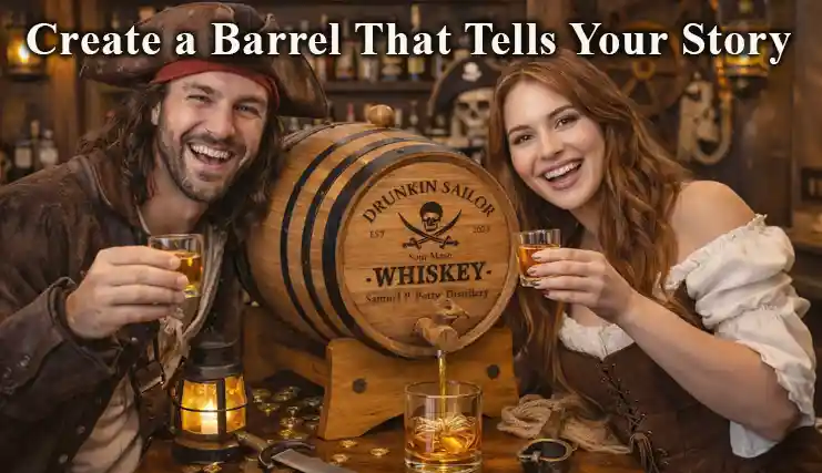 Personalized pirate-themed whiskey barrel pouring whiskey on a bar with a man dressed as a pirate and a woman in a wench outfit smiling and enjoying drinks