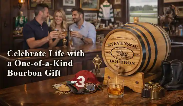 Personalized Stevenson bourbon barrel on a home bar with horse racing decor and friends enjoying drinks, highlighting a unique custom whiskey barrel gift