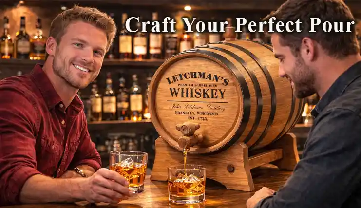 Custom engraved whiskey barrel pouring whiskey at a home bar with two men enjoying drinks, showcasing personalized barrels for whiskey lovers