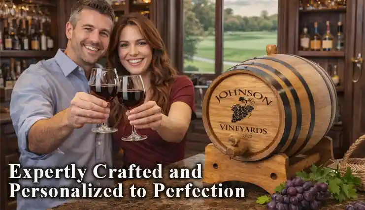 Couple toasting red wine at a home bar with a personalized Johnson Vineyards engraved wine barrel, showcasing custom wine barrels for home entertaining