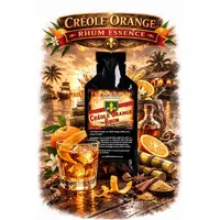 Creole Orange Rhum Essence 20ml premium Caribbean orange rum flavor concentrate with orange slices and cocktail glass.