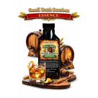 Small Batch Bourbon Essence 20ml premium straight bourbon whiskey flavor concentrate with mini oak barrels and glass of bourbon on the rocks.