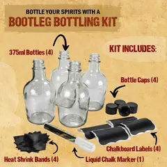 Bootleg Bottling Kit includes four 375ml glass bottles, caps, chalkboard labels, heat shrink seals, and marker