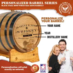 Custom engraved mini oak whiskey barrel showing personalized name, year and distillery location text.