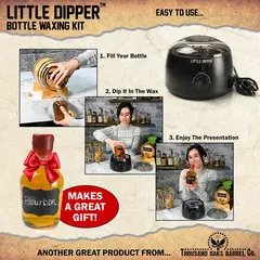 Little Dipper Bottle Waxing Kit shown in three easy steps for sealing a home-aged whiskey bottle, perfect as a gift.