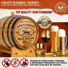 Close up of American white oak bourbon aging barrel with black steel hoops and wooden stand