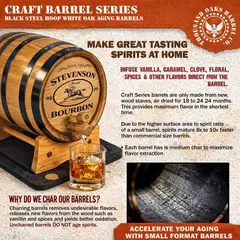 Close up of American white oak bourbon aging barrel with black steel hoops and wooden stand