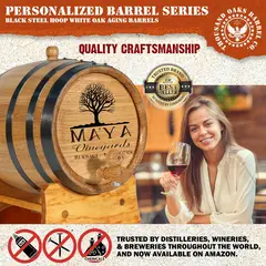 Small American white oak wine aging barrel showing wine being poured and highlighting 8x to 10x faster aging benefits.