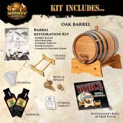 Small Batch Bourbon Whiskey Making Kit contents including American oak aging barrel, premium essence packets, restoration kit, funnels, bung, spigot, storage tablets, and Bootlegger’s Bible guide.