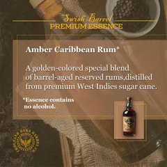 Amber Caribbean Rum Essence description highlighting barrel aged rum flavor made from West Indies sugar cane and alcohol-free concentrate.
