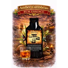 Amber Caribbean Rum Essence 20ml premium flavor concentrate with rum glass and sugarcane for making homemade Caribbean style rum.