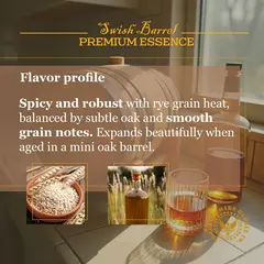 American Rye Whiskey flavor profile featuring bold rye spice, smooth grain notes, subtle oak aging character and rich amber color.
