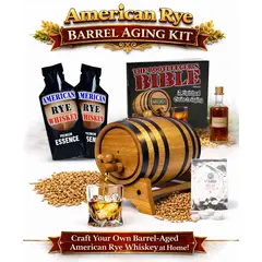 American Rye Whiskey Making Kit with oak aging barrel, rye grain, premium essence packets and whiskey glass