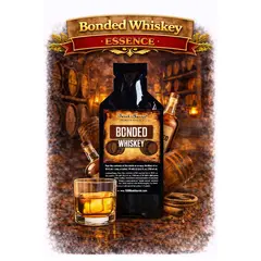 Bonded Whiskey Essence 20ml premium bottled-in-bond style whiskey flavor concentrate with glass of homemade American whiskey.