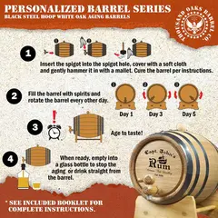 How to use personalized mini oak barrel for aging rum and whiskey including curing, filling and rotation instructions.