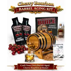 Cherry Bourbon Whiskey Making Kit with oak barrel aging on wooden stand, premium cherry bourbon essence, fresh cherries, glass of whiskey on ice, and complete home infusion accessories.