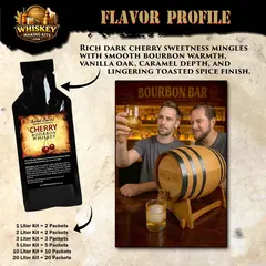 Cherry Bourbon whiskey flavor profile showing oak barrel aging kit, premium cherry essence, and rich dark cherry caramel tasting notes.