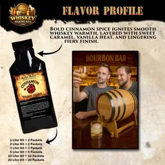Cinnamon whiskey flavor profile showing premium essence bottle and tasting notes of bold cinnamon spice, caramel sweetness, vanilla warmth and smooth finish.