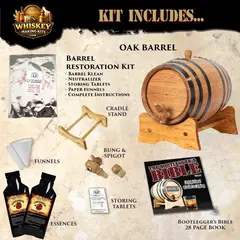 Cinnamon whiskey making kit contents including oak aging barrel, premium essence packets, barrel restoration kit, funnels, bung and spigot, storing tablets and Bootlegger’s Bible guide.