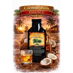 Coconut Rum Essence 20ml premium flavor concentrate with coconut halves and glass of tropical coconut rum.