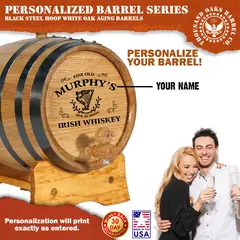 Close up of personalized Irish whiskey design engraved on small white oak aging barrel