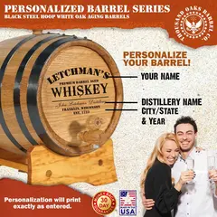 Personalized mini oak whiskey aging barrel custom engraved with classic distillery design