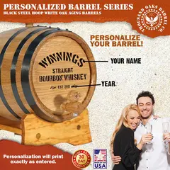 Personalized mini oak whiskey aging barrel with custom engraved name and year in classic straight bourbon whiskey design made from American white oak.