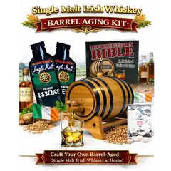 Irish single malt whiskey making kit with oak aging barrel, Dublin-style premium essence packets, Bootlegger’s Bible guide and glass of aged whiskey.