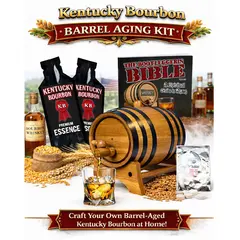 Kentucky Bourbon Whiskey Making Kit with charred American oak aging barrel, bourbon essence packets, and glass of bourbon on the rocks