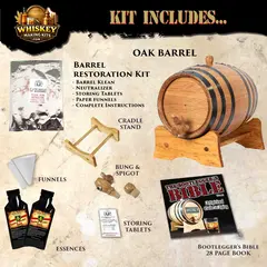 Oak barrel restoration kit with cleaning supplies, funnels, bung, spigot, and aging guide book.