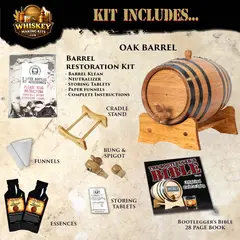 Orange Brandy Making Kit includes oak aging barrel, cradle stand, bung and spigot, funnels, barrel restoration kit and citrus brandy essence packets.