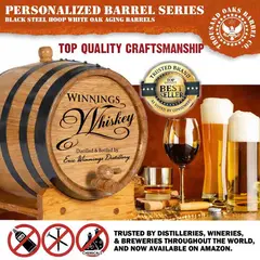 Handcrafted American white oak whiskey aging barrel with black steel hoops and premium wood finish