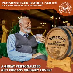Personalized whiskey aging barrel gift for men featuring engraved bourbon design and home aging functionality.
