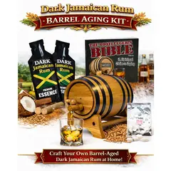 Premium Dark Jamaican rum DIY kit with oak barrel, rum essence packets, glass of rum on the rocks, and Caribbean-inspired ingredients.