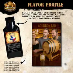 Texas Sweet Corn Whiskey flavor profile essence packet with oak barrel aging kit and tasting notes highlighting caramel, vanilla, and toasted corn sweetness.