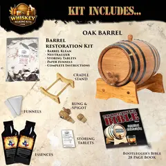 Texas Sweet Corn Whiskey making kit includes American oak aging barrel, essence packets, funnels, bung, spigot, restoration kit, and Bootlegger’s Bible guide.