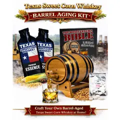 Texas Sweet Corn Whiskey making kit with oak aging barrel, premium essence packets, corn and grain ingredients, glass of whiskey, and complete home infusion system.