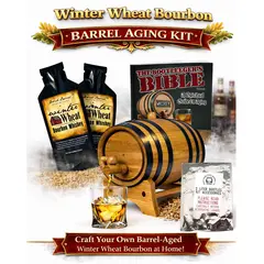 Winter Wheat Bourbon barrel aging kit with American oak barrel, wheated bourbon essence packets, glass of bourbon on ice and complete home aging system