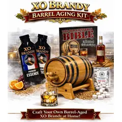 XO brandy barrel aging kit with American oak barrel, premium brandy essence packets, glass of brandy on ice and complete home aging system