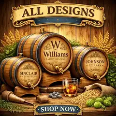 Custom engraved mini oak aging barrels for whiskey with personalized names and designs, used for home aging and gifts