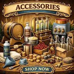 Whiskey barrel accessories including spigots, bungs, stands, cleaning kits, waxing kits, and bottling tools for mini aging barrels