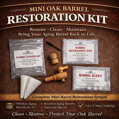 Mini oak barrel restoration kit showing barrel kleen cleaner, neutralizing acid, spigot brush and barrel maintenance accessories