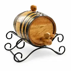 Mini oak aging barrel resting on a decorative wrought iron stand designed to hold 1 liter and 2 liter whiskey aging barrels for home bars.