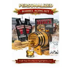 Personalized whiskey making kit with custom engraved oak barrel, whiskey essence packets, and DIY whiskey barrel aging setup.