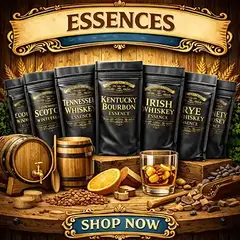 Whiskey flavoring essences in black soft packs including bourbon, scotch, rye, and Irish whiskey for home aging and spirit flavoring