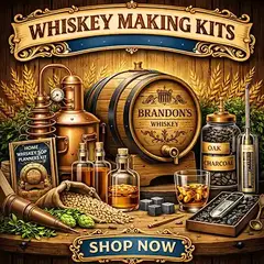 Whiskey making kit with mini oak aging barrel, bottles, charcoal, and accessories for home whiskey aging and DIY kits