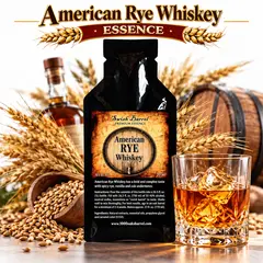 merican Rye Whiskey Essence pouch by Swish Barrel with rye grain, whiskey barrel and bottle, alongside a crystal glass of amber rye whiskey over ice.
