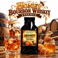 Honey Bourbon Whiskey Essence pouch by Swish Barrel with golden honeycomb and honey dipper, alongside a crystal glass of amber bourbon over ice and oak whiskey barrels.