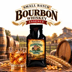 Small Batch Bourbon Whiskey Essence packet with a glass of bourbon, oak barrels, wheat and corn in a warm Kentucky-style distillery setting.